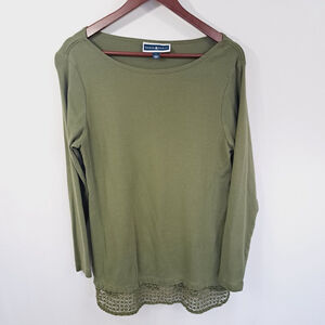 Karen Scott Womens Top Sz Large Green Cotton Long Sleeve Crochet Hem